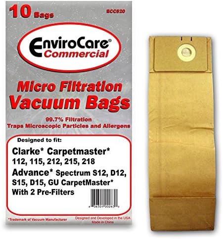 Sacos de vácuo de substituição do Envirocare para espectro avançado, mestre de carpetes Clarke, nilfisk verticals 10 pacote com 2 filtros