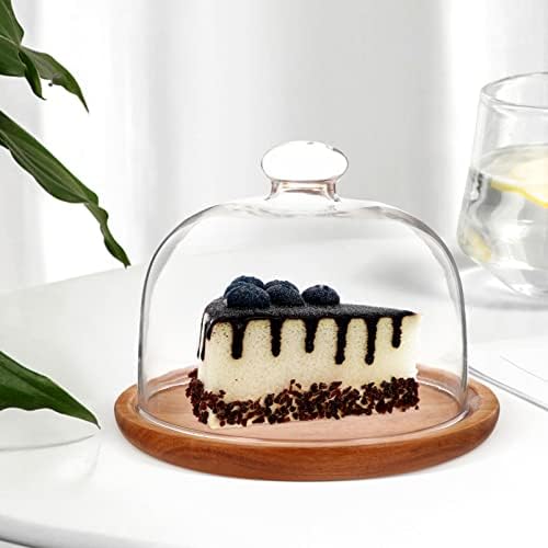 Luxshiny Cupcakes Bolo Stands 1 Set Glass Dome com Wood Platter redondo bolo de bandeja de bandeja de bandeja de bolo de bolo transparente Tampa da capa da capa de sobremesa para a bandeja de servidor de cozinha em casa Stands de artesanato