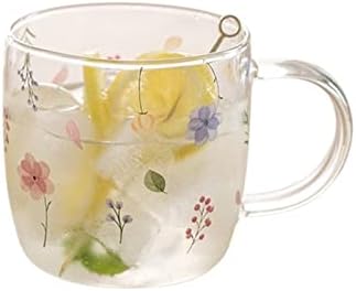 AMABEASB Highball Glasses Caneca de café Borossilicato Padrão de flor Padrão de chá de chá de café da manhã Copo com alça de copos
