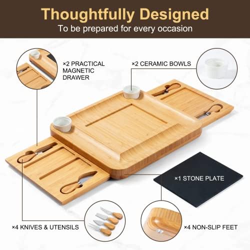 Placa de queijo de bambu e faca. Conjunto de placa de charcutaria extra grande - tabuleiro de servir, bandeja de queijo lateral, prato de queijo de frutas de bambu redondo, 23 acessórios divertidos para presentes de aquecimento doméstico