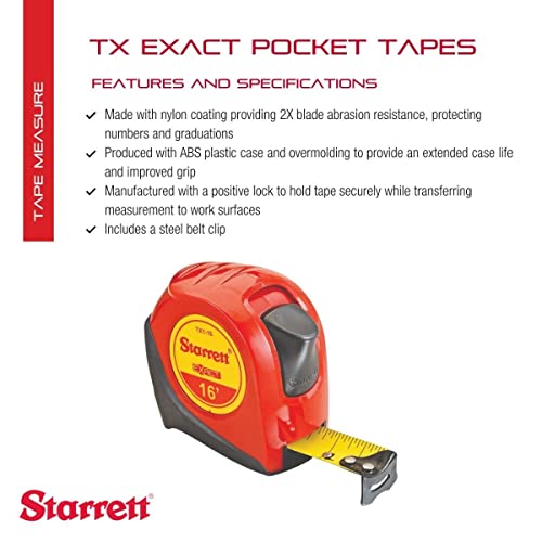 Starrett exato Medida de fita de bolso imperial retrátil exato com revestimento de nylon, gancho final de ajuste auto -ajuste e clipe de cinto de aço - 1 largura x 16 'comprimento - ktx1-16 -n