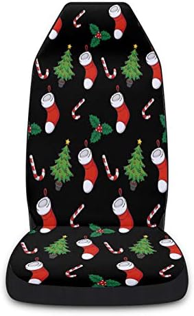 Youngkids tema de Natal Tapete de assento de carro impressão de 2 peças Conjunto de peças de carro de carro frontal universal para SUV/carros/caminhões, Holly Berry Candy Socks Decoração de protetor de assento automotivo fácil de instalar