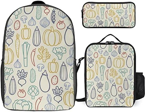 Conjuntos de mochilas da escola de padrões de vegetais vintage para estudante fofo de estampado estampado conjunto com lancheira