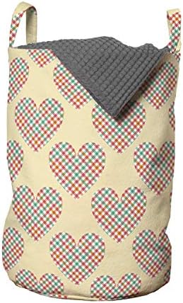 Bolsa de lavanderia do coração de Ambesonne, repetitivo Motif Plaid Motif Hearts Valentines, cesto de cesto com alças fechamento