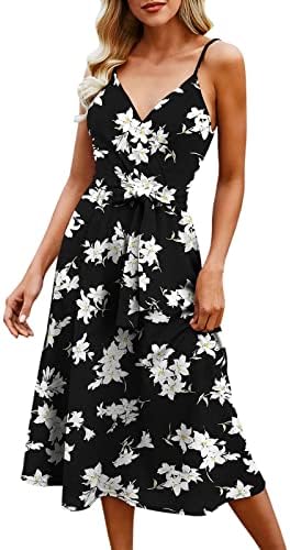 Vestido de impressão floral casual de BEUU Women v Nech Floral Casual Sundress Summer Summer Casual sem mangas boho praia vestidos maxi soltos com cinto