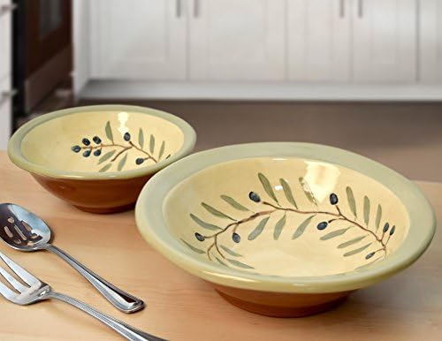 American Made Terra Cotta Pottery 2-Bowl Serving Set com Motif Mediterrâneo Olive Branch