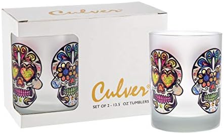 Crânios de açúcar festivos Culver decoravam copos de copos à moda dupla, 13,5 onças, conjunto de 2 caixas de presente de 2
