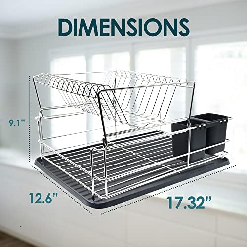 Rack de secagem de pratos de duas camadas Homezilla - Aço inoxidável à prova de ferrugem, auto -dreno - ideal para um contador de cozinha pequena, montagem fácil, sem ferramentas necessárias