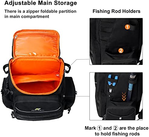 N Nevo Rhino Fishing Tackle Backpack com suportes de haste, 4 caixas de equipamento, 40L GRANDE SACO DE PESCA DE PESQUISA DE PESQUISA DE PESQUISA PARA PESQUISA
