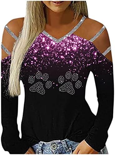 Star de strass casual feminino Estrela impressa Hollow out de manga longa V pescoço de manga longa Rayon tops para mulheres