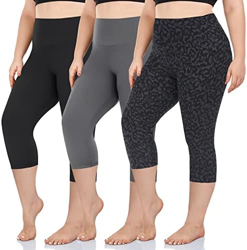 Groteen 3 pacote Plus Tamanho Capri Leggings Para Mulheres Alto Controle de Tommes de Coloque Calças de ioga Excelente