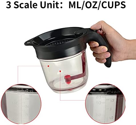 Separador de gordura com liberação inferior, 4 xícara de molho de óleo separador com escala, separador de graxa de 32 onças com copo e filtro de medição e esponja de prato multifuncional