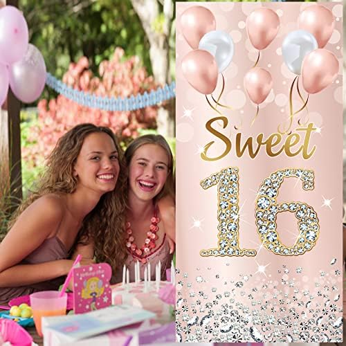 Doce de 16 decorações de aniversário Banner de porta para meninas, Rosa Rose Gold Feliz 16º Aniversário Festas de