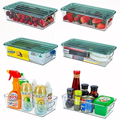 Lixeiras organizadoras de geladeira com tampas, 6 caixas de organizador de geladeira empilhável, caixas para armazenamento de geladeira, organizadores da geladeira e armazenamento claro para alimentos, bebidas, frutas, vegetais - verde