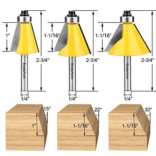 Kit de bits do roteador de chanfro de 3 peças exqutoo, haste de 1/4 , 15, 22,5, ângulo de corte de 30 graus, comprimento de corte de