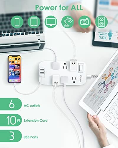 Faixa de energia - cabo de extensão de plugue plano de 10 pés de 10 pés, 6 saídas 3 portas USB Extender com proteção contra sobrecarga, montagem na parede, estação de carregamento de desktop para casa, escritório e dormitório essencial