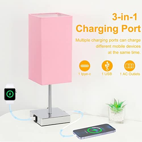 Luminária de mesa Lisabo, lâmpada de cabeceira com porta e saída USB, lâmpada de mesa de cabeceira com estação de carregamento, lâmpada de toque de 3 vias para quarto, sala de estar, lâmpada LED incluída