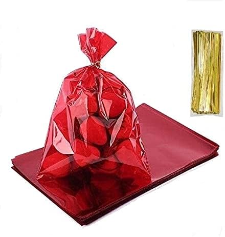 Sacos de tratamento de celofane 100 pcs cor vermelha saco de 6x9 polegadas bolsas de celofane com laços de torção para biscoitos