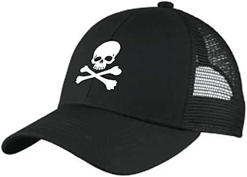 Daisyup Skull e Crossbones Hat | Jolly Roger Bandeira | Chapéu pirata | Chapéu de pirata de caminhoneiro preto Um tamanho