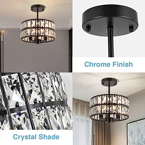 Luminária de teto de montagem semi-nivelada, lustre de cristal moderno de 3 luzes preto com acabamento cromado, perface da lâmpada