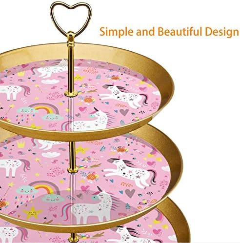 Lyetny 3 Sobessert Stand Stand Gold Cupcake Pastry Stand para festa de chá, casamento e aniversário, unicórnios românticos rosa Rainbow Flowers Stars