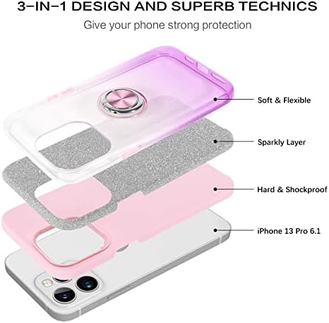 Domaver iPhone 13 Pro Case Glitter Bling Luxury com anel rotativo Tampa de TPU suave e estojo de proteção para PC rígido para iPhone 13 Pro 6,1 polegadas- roxo