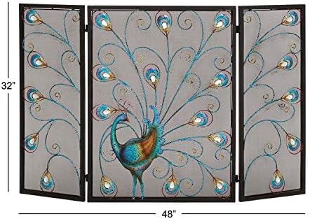 Deco 79 Metal Peacock dobrável Rede de malha 3 Tela de lareira de painéis com detalhes em cristal, 48 x 1 x 32 , preto