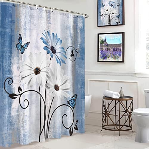 Curta de chuveiro rústica cortina de chuveiro azul floral e borboleta retrô ralada chique em cortina de chuveiro margarida