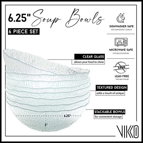 Placa de salada Vikko, conjunto de 6 placas de vidro, sobremesa de 8,5 polegadas, salada, prato de aperitivo, design elegante de vidro texturizado, placas empilháveis, lava -louças