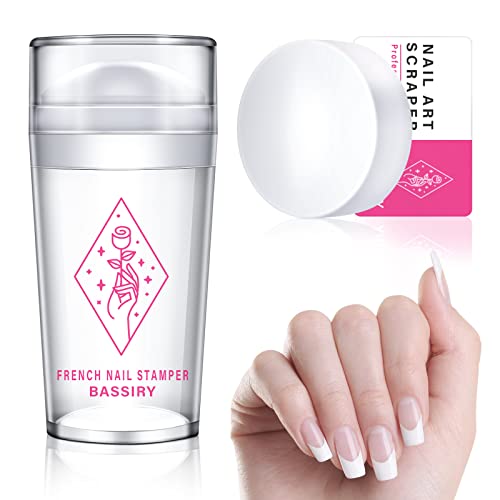 French Tip Nail Stamper - Bassiry Nail Art Stamp - Mais de 200 vezes o kit de ferramentas de decoração de unhas de geléia diy com cabeças de resistência a silicone duráveis ​​atualizadas, raspador e garrafa visível transparente