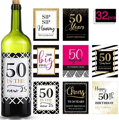 32 peças 50th festas de aniversário de festa de vinho ou garrafas de cerveja adesivos 50ª decoração de aniversário para suprimentos de festa de aniversário de 50 anos