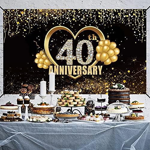 Feliz 40º aniversário do banner Decorações de cenário, 40 anos de aniversário de 40 anos decoração de placas, ouro preto de 40 anos