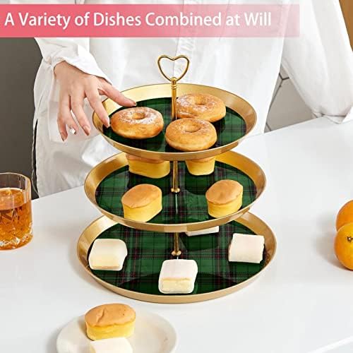 3 Placa de fruta de cupcakes de 3 camadas de sobremesa Plástico para servir suporte de exibição para casamento de aniversário Decorações de chá de chá de chá de bebê redondo, xadrez verde