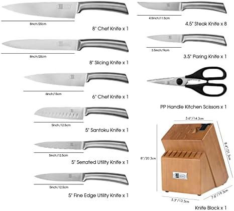 JF JAMES.F Conjunto de faca, lava-louças de 17 peças Faca de cozinha segura com bloco de faca de aço inoxidável