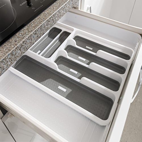 Bandeja de utensílios de utensílios de organizador de gavetas expansíveis de addis com 6-8 porta-8 citolações, branco/cinza, 35-58,5 x 41,5 x 5 cm