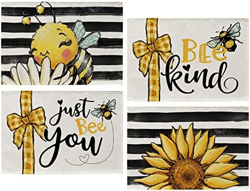 Seliem Spring Bee Kind Gunflower Placemats Conjunto de 4, Just Bee You Inspirational Black Stripe Dining Table Place Mats,