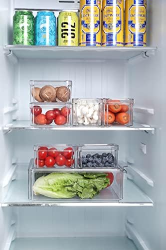 Plexel Refrigerator Organizer Bins, organizador de geladeira, recipientes de armazenamento de alimentos de plástico transparente, conjuntos de reciações para a cozinha, organização e armazenamento de despensa, com bandeja de drenagem removível.