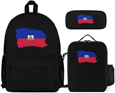 Flag Haiti de pinceladas 3 PCs Backpack Set Ponto de lancheira portátil Saco de resfriador de gelo com alça de ombro