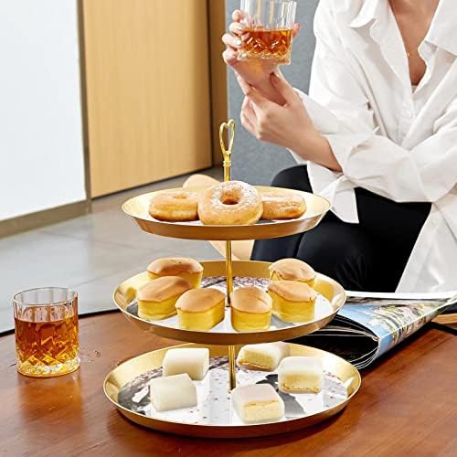 Conjunto de exibição de mesa de sobremesas de tbouobt, suporte de cupcake de ouro, bandeja de sobremesa, bandeja de porção de 3 camadas, suporte de camada de copo, suporte de bolo de casamento para mesa de sobremesa, casal de flores