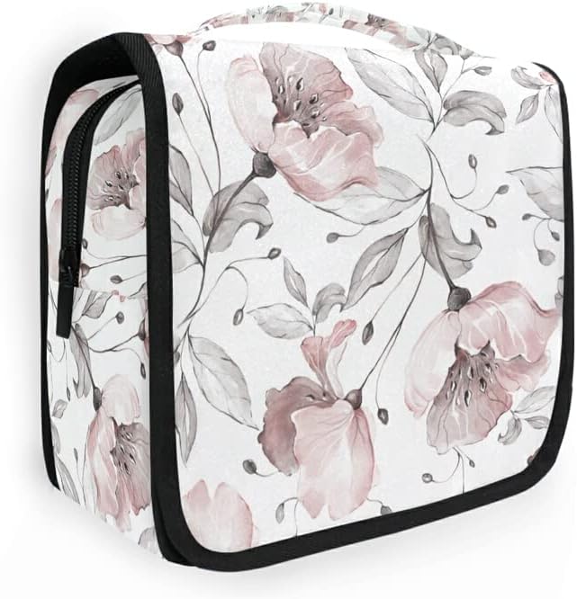 Bolsa de higiene pessoal pendurada bolsa de viagem de maquiagem floral cinza rosa para produtos de higiene pessoal portátil