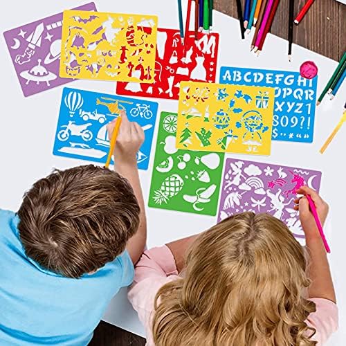 Kit de desenho de estêncil para crianças + quadro de lembrete de aniversário da família, 25 PCS Plástico Desenho de estênceis com mais de 400 formas, ótimo presente de aniversário para menino