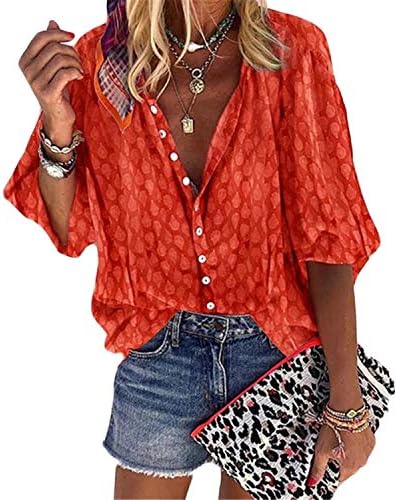 Andongnywell Bloups for Women Casual V pescoço 3/4 de manga Botão para baixo para cima camisas de chiffon blusa impressa