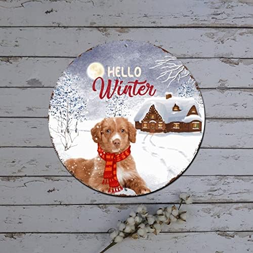 Feliz Christmas Door sinal Hello Winter Snow House cachorro redonda de metal lata decoração de parede decoração de parede