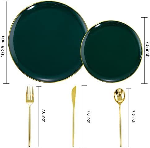 I00000 150pcs placas plásticas de ouro de ouro Placas de plástico verdes com aro de ouro Diminuiço de jantar: 30 pratos verdes, 30 pratos de sobremesa, talheres de ouro de 90pcs para festas casamento