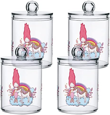 Yyzzh engraçado sereia unicórnio arco -íris em nuvem ramificação floral 4 pacote QTIP Dispensador de suporte para swab bola de algodão Floss 10 oz Jar de boticário conjunto para organizador de maquiagem de armazenamento de banheiro