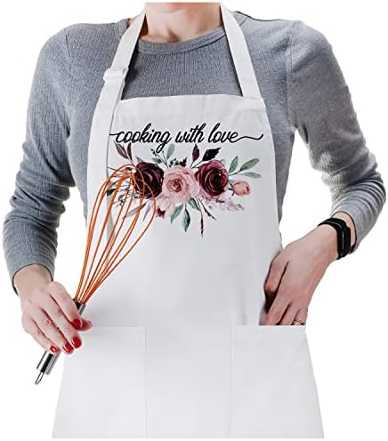 Cozinhando com amor Avental de cozinha com bolsos para presente de mulher - tamanho standart - tema floral Aventais de chef branco - cozinha queen -rainha design de flores para cozinhar cozinheira cozinheira engraçada traje de cozinha para menina c1
