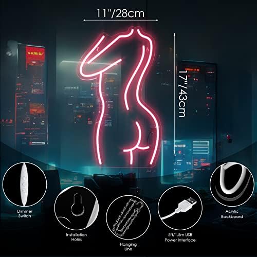 Lady Back Neon Sign, 17 × 11, Switch Dimmable, sinal de LED rosa quente e alimentado por USB para decoração de parede,