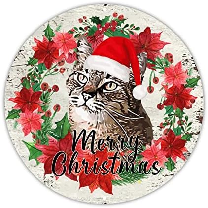 Sign de boas -vindas Feliz Natal Round Metal Tin Signs Chapéu de Natal Cato Mistleto Sign Sign Night Night Wall Home Decor Sinal para