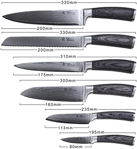 Wakoli edis 6-PCS Damasco Knife Set I Facas de cozinha profissionais feitas de faca de chef de aço damasco japonês conjunto com maçaneta de madeira pakka na caixa de presente
