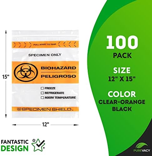 Purevacy Biohazard Sacos de amostra 12 x 15, sacos de biohazard preto laranja limpo de 100 pacote, 3 polietileno de parede Biologia